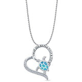 Lab Created Blue Opal & CZ Turtle & Heart Pendant Rope Chain Necklace 925 Sterling Silver