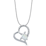 Lab Created White Opal & CZ Turtle & Heart Pendant Rope Chain Necklace 925 Sterling Silver