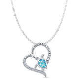 Lab Created Blue Opal & CZ Turtle & Heart Pendant Rolo Chain Necklace 925 Sterling Silver