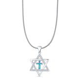 Lab Created Blue Opal & CZ Star Of David & Cross Pendant Snake Chain Necklace 925 Sterling Silver