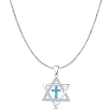 Lab Created Blue Opal & CZ Star Of David & Cross Pendant Box Chain Necklace 925 Sterling Silver