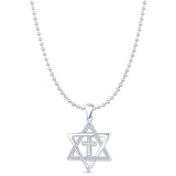 Lab Created White Opal & CZ Star Of David & Cross Pendant Bead Chain Necklace 925 Sterling Silver