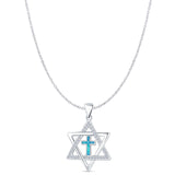 Lab Created Blue Opal & CZ Star Of David & Cross Pendant Cable Chain Necklace 925 Sterling Silver