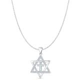 Lab Created White Opal & CZ Star Of David & Cross Pendant Cable Chain Necklace 925 Sterling Silver