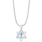 Lab Created Blue Opal & CZ Star Of David & Cross Pendant Rope Chain Necklace 925 Sterling Silver
