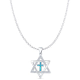 Lab Created Blue Opal & CZ Star Of David & Cross Pendant Rolo Chain Necklace 925 Sterling Silver