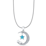 Lab Created Blue Opal & CZ Moon & Stars Pendant Snake Chain Necklace 925 Sterling Silver