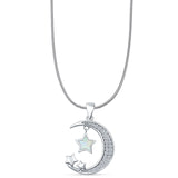 Lab Created White Opal & CZ Moon & Stars Pendant Snake Chain Necklace 925 Sterling Silver