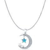 Lab Created Blue Opal & CZ Moon & Stars Pendant Box Chain Necklace 925 Sterling Silver