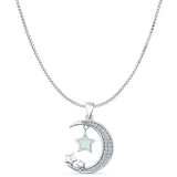 Lab Created White Opal & CZ Moon & Stars Pendant Box Chain Necklace 925 Sterling Silver