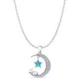 Lab Created Blue Opal & CZ Moon & Stars Pendant Bead Chain Necklace 925 Sterling Silver