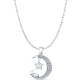 Lab Created White Opal & CZ Moon & Stars Pendant Bead Chain Necklace 925 Sterling Silver
