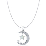 Lab Created White Opal & CZ Moon & Stars Pendant Cable Chain Necklace 925 Sterling Silver
