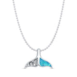 Lab Created Blue Opal Whale Tail Pendant Bead Chain Necklace 925 Sterling Silver