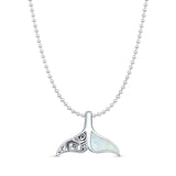 Lab Created White Opal Whale Tail Pendant Bead Chain Necklace 925 Sterling Silver