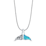 Lab Created Blue Opal Whale Tail Pendant Rope Chain Necklace 925 Sterling Silver