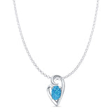 Oval Lab Created Blue Opal Heart Pendant Rolo Chain Necklace Oxidized 925 Sterling Silver
