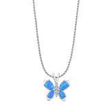 Pear Lab Created Blue Opal Butterfly Pendant Rope Chain Necklace Oxidized 925 Sterling Silver