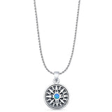 Round Lab Created Blue Opal Compass Pendant Rope Chain Necklace Oxidized 925 Sterling Silver