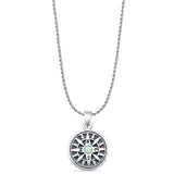 Round Lab Created White Opal Compass Pendant Rope Chain Necklace Oxidized 925 Sterling Silver
