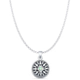 Round Lab Created White Opal Compass Pendant Rolo Chain Necklace Oxidized 925 Sterling Silver