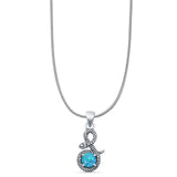 Round Lab Created Blue Opal Snake Pendant Snake Chain Necklace Oxidized 925 Sterling Silver
