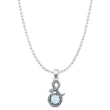 Round Lab Created White Opal Snake Pendant Bead Chain Necklace Oxidized 925 Sterling Silver