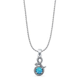 Round Lab Created Blue Opal Snake Pendant Rope Chain Necklace Oxidized 925 Sterling Silver