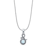 Round Lab Created White Opal Snake Pendant Rope Chain Necklace Oxidized 925 Sterling Silver