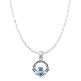 Heart Lab Created Blue Opal Claddagh Pendant Rolo Chain Necklace Oxidized 925 Sterling Silver