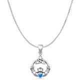 Heart Lab Created Blue Opal Claddagh Trinity Pendant Box Chain Necklace Oxidized 925 Sterling Silver