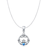 Heart Lab Created Blue Opal Claddagh Trinity Pendant Cable Chain Necklace Oxidized 925 Sterling Silver