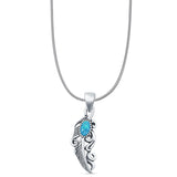 Oval Lab Created Blue Opal Feather Filigree Pendant Snake Chain Necklace Oxidized 925 Sterling Silver