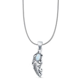 Oval Lab Created White Opal Feather Filigree Pendant Snake Chain Necklace Oxidized 925 Sterling Silver