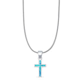 Lab Created Blue Opal Cross Pendant Snake Chain Necklace  925 Sterling Silver