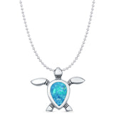 Pear Lab Created Blue Opal Oxidized Turtle Pendant Bead Chain Necklace  925 Sterling Silver