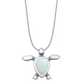 Pear Lab Created White Opal Oxidized Turtle Pendant Rope Chain Necklace  925 Sterling Silver