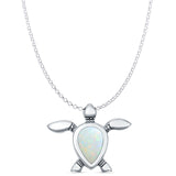 Pear Lab Created White Opal Oxidized Turtle Pendant Rolo Chain Necklace  925 Sterling Silver