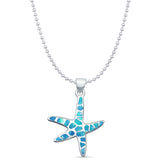 Lab Created Blue Opal Starfish Pendant Bead Chain Necklace  925 Sterling Silver