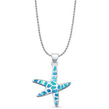 Lab Created Blue Opal Starfish Pendant Rope Chain Necklace  925 Sterling Silver