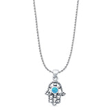 Lab Created Blue Opal Hand Of Hamsa Pendant Rope Chain Necklace Oxidized 925 Sterling Silver