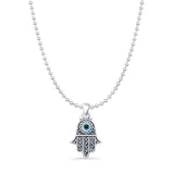 Hand Of Hamsa & Evil Eye Pendant Bead Chain Necklace Oxidized 925 Sterling Silver