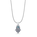 Hand Of Hamsa & Evil Eye Pendant Rope Chain Necklace Oxidized 925 Sterling Silver