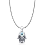 Hamsa Hand & Evil Eye Pendant Snake Chain Necklace Oxidized 925 Sterling Silver