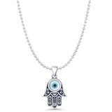 Hamsa Hand & Evil Eye Pendant Bead Chain Necklace Oxidized 925 Sterling Silver