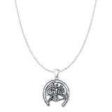 Horses & Horseshoe Pendant Oxidized Cable Chain Necklace 925 Sterling Silver
