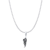 Feather & Flower Pendant Oxidized Bead Chain Necklace 925 Sterling Silver