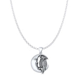 Owl & Moon Pendant Oxidized Rolo Chain Necklace 925 Sterling Silver