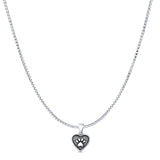 Pawprint & Heart Pendant Oxidized Box Chain Necklace 925 Sterling Silver