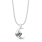 Moon & Skull Pendant Rope Chain Necklace Oxidized 925 Sterling Silver
